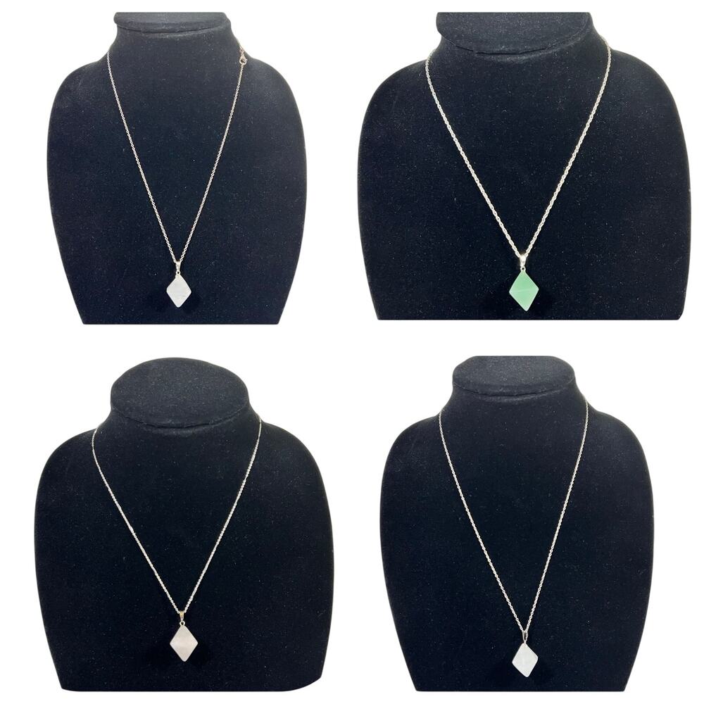 Silver Stone Quartz Necklace Lot 4 Green Clear White Geometric Hexagon Shape